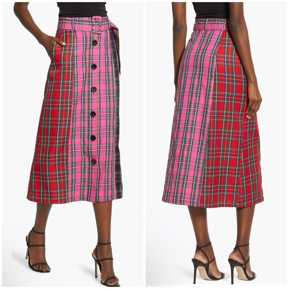 English Factory Red and Pink Plaid A-Line Skirt